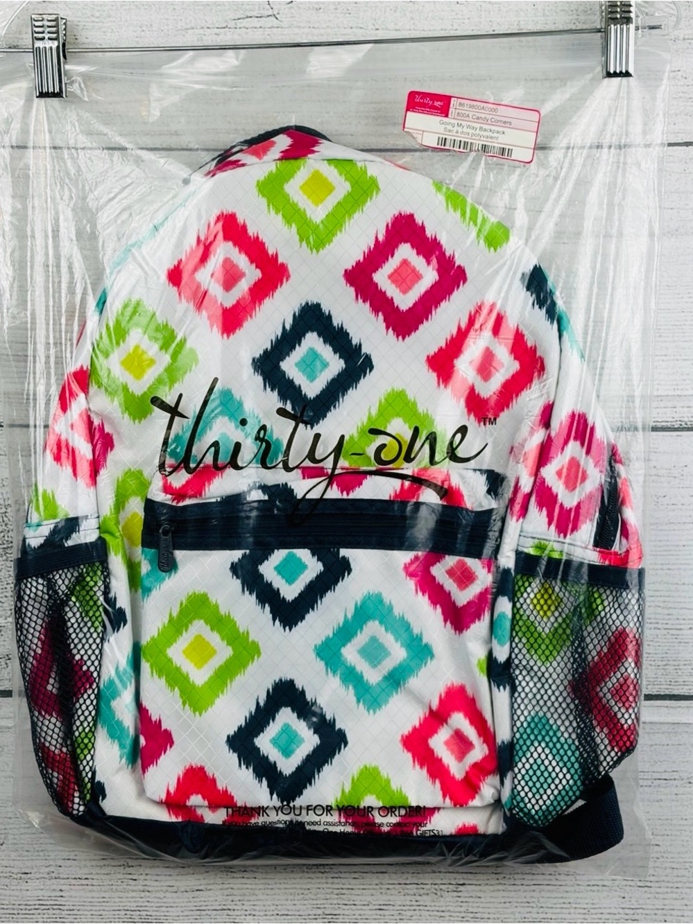 Thirty-One Going My Way School Backpack Candy Corners Geometric Book Bag NEW